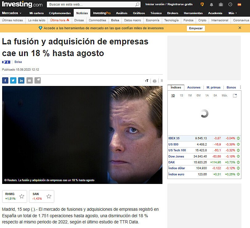 La fusin y adquisicin de empresas cae un 18 % hasta agosto